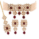 Etnico 18K Gold Plated Traditional Pearl & Kundan Studded Choker Necklace Jewellery Set with Earrings & Maang Tikka for Women (ML224WM-1)