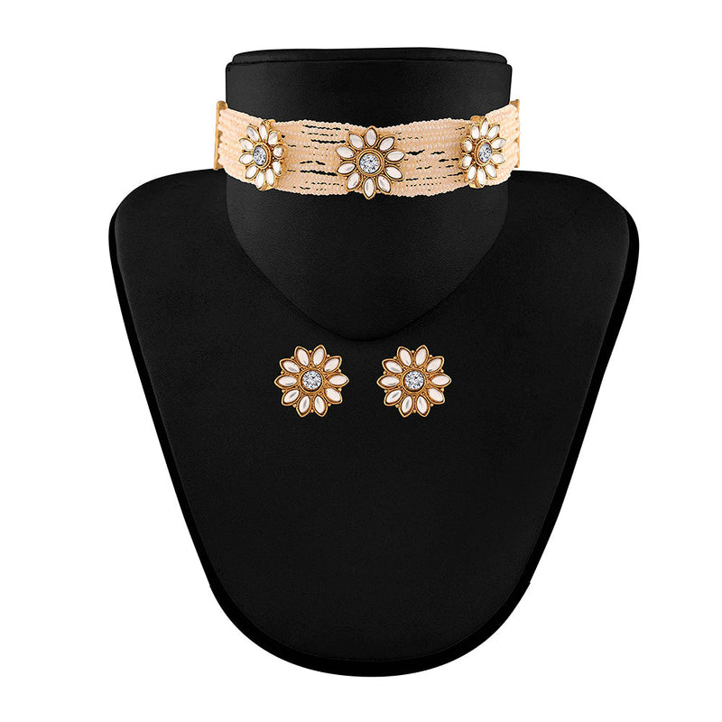 Etnico 18K Gold Plated Traditional Floral Kundan & Pearl Choker Necklace Jewellery Set for Women (ML228W)