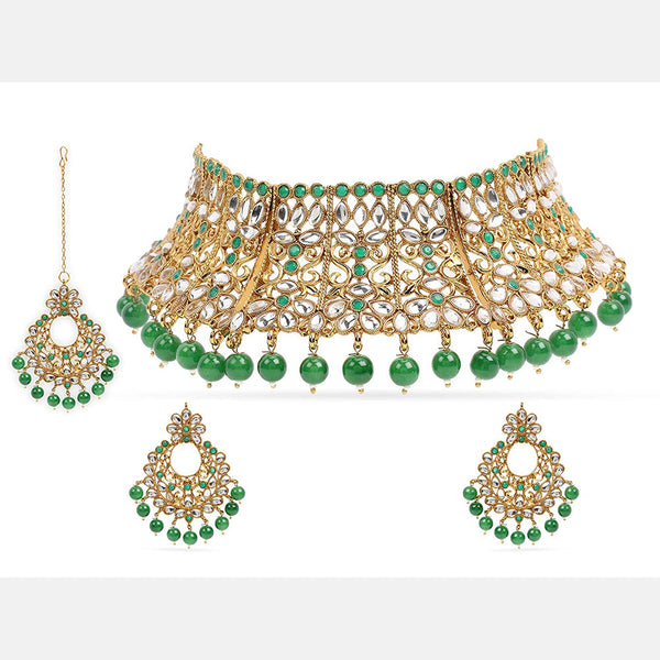 Etnico 18K Gold Plated Traditional Choker With Earrings & Maang Tikka Encased With Kundan (M4160G)