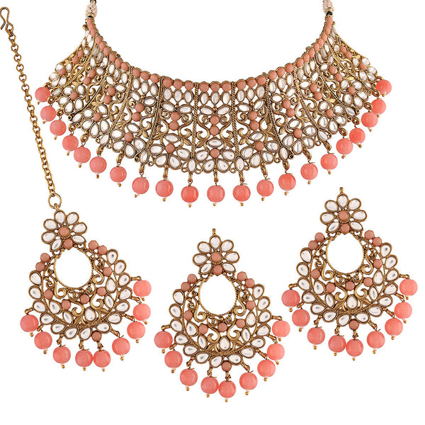 Etnico Traditional Gold Plated Kundan & Beads Choker Necklace Jewellery Set with Maang Tikka for Women (ML233Pe)