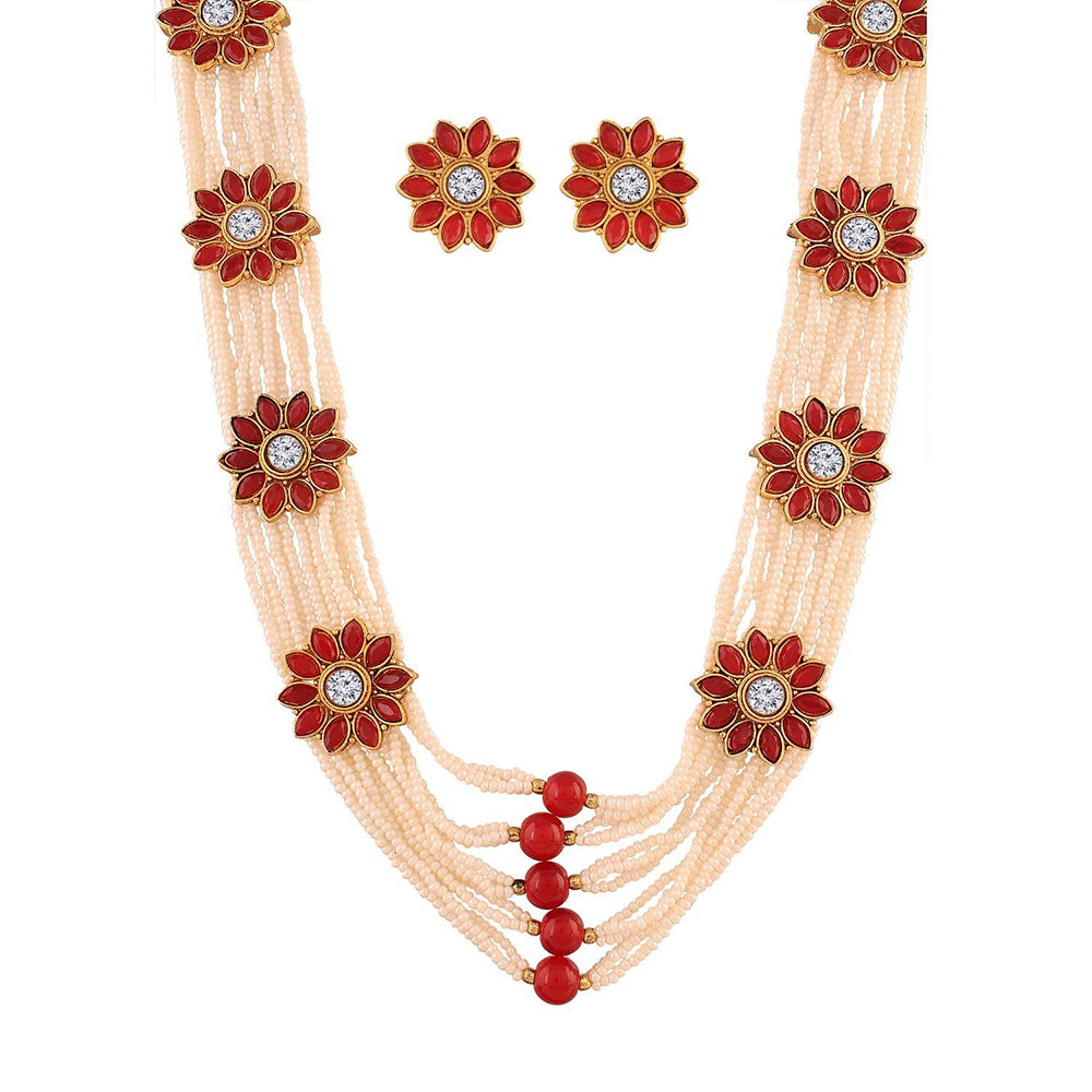 EtnicoTraditional Gold Plated Multi Layered Pearl & Kundan Long Necklace Jewellery Set for Women (ML234M)