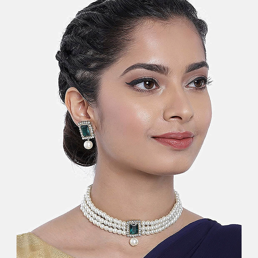 Etnico 18K Gold Plated Traditional Handcrafted Stone Studded Pearl Choker Necklace Jewellery Set with Earrings For Women (ML237G)