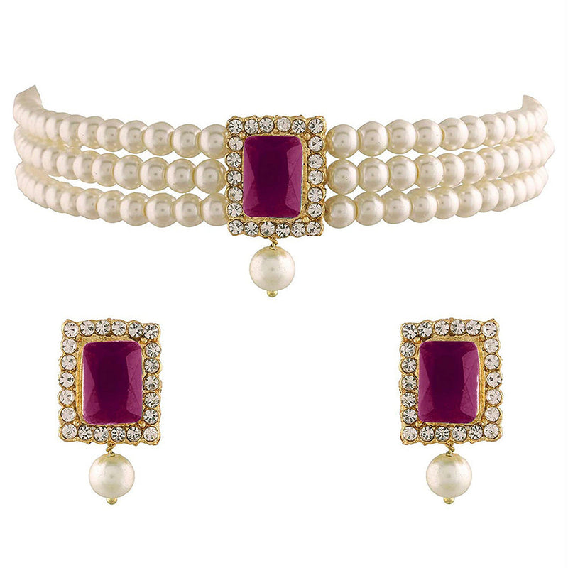 Etnico 18K Gold Plated Traditional Handcrafted Ruby Stone Studded Pearl Choker Necklace Jewellery Set with Earrings For Women/Girls (ML237Q)