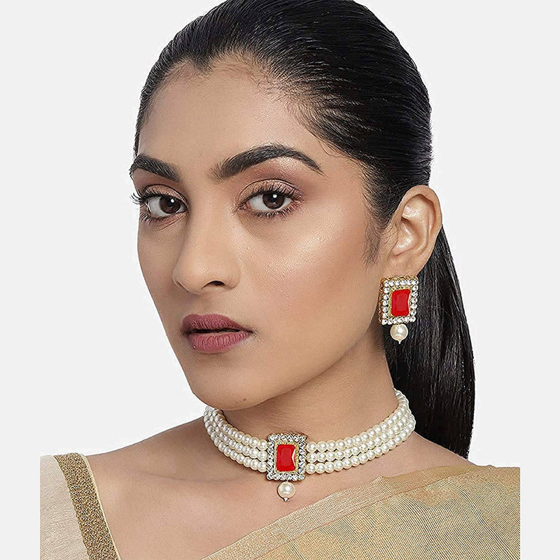 Etnico 18K Gold Plated Traditional Handcrafted Stone Studded Pearl Choker Necklace Jewellery Set With Earrings For Women/Girls (ML237R)