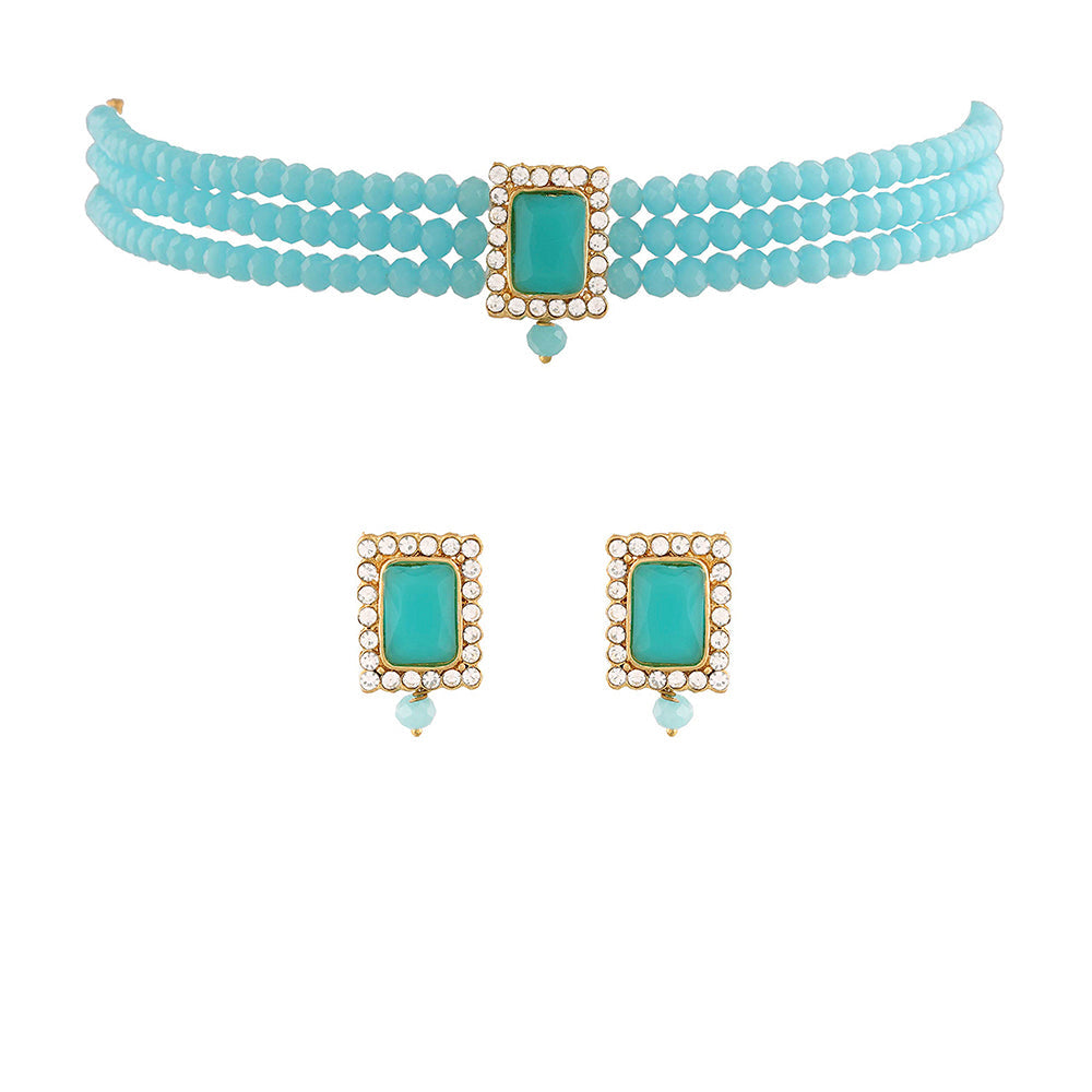 Etnico 18K Gold Plated Traditional Handcrafted Turquoise Crystal Stone Beaded Choker Necklace Jewellery Set With Earrings For Women/Girls (ML237Sb)