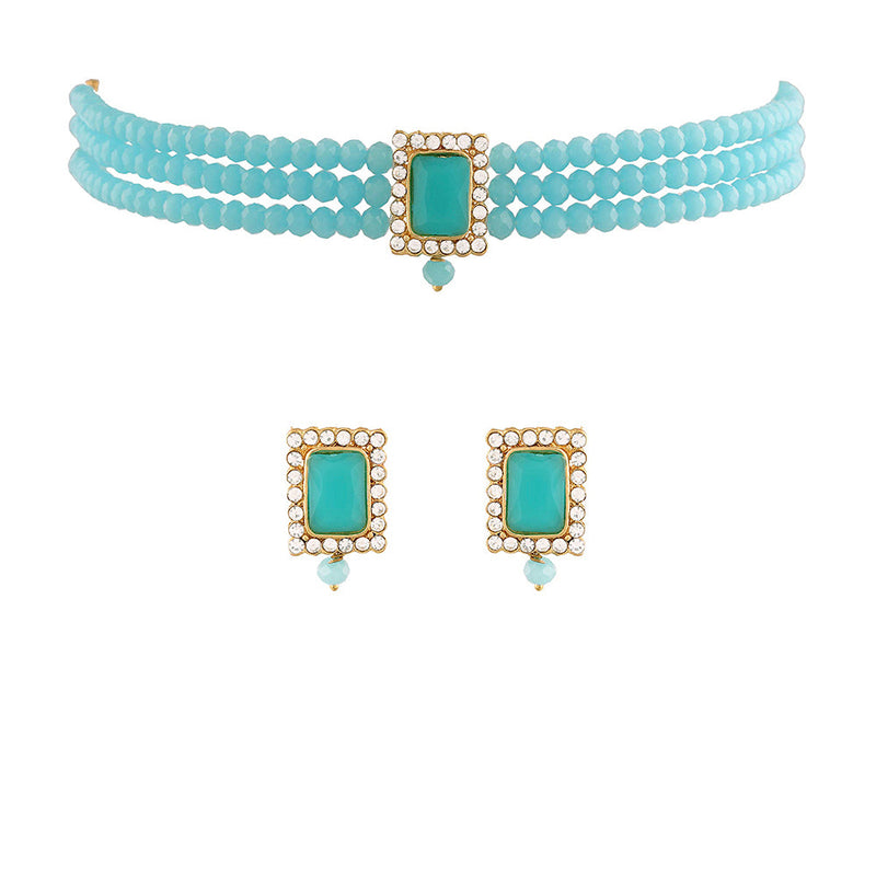 Etnico 18K Gold Plated Traditional Handcrafted Turquoise Crystal Stone Beaded Choker Necklace Jewellery Set With Earrings For Women/Girls (ML237Sb)