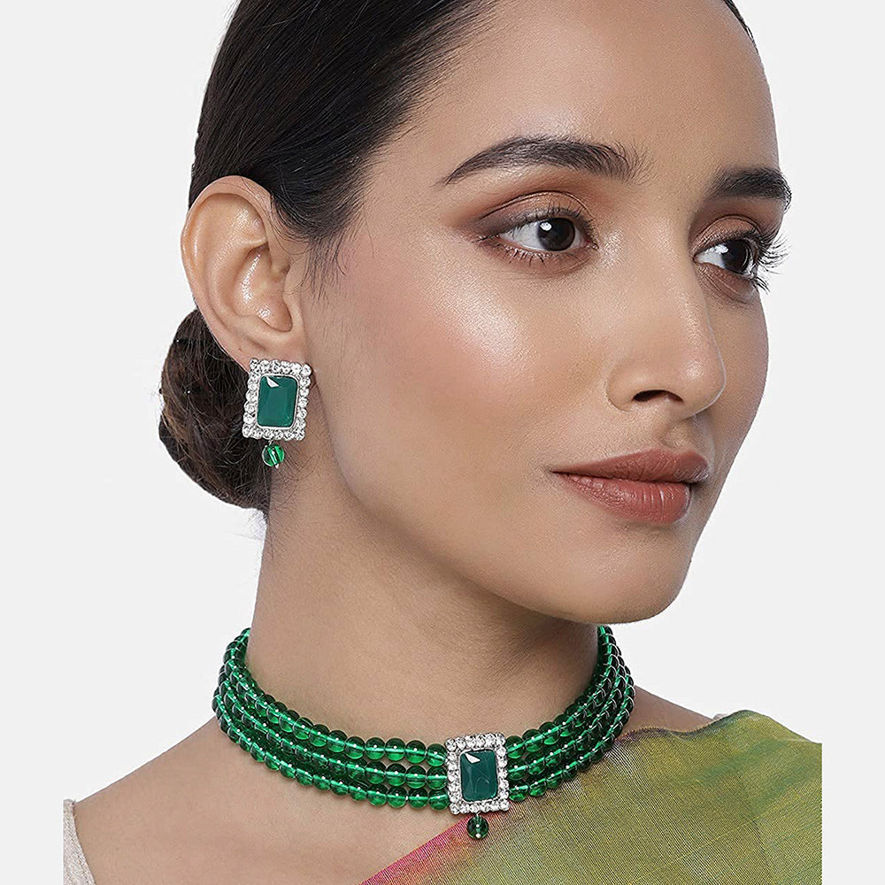 Etnico 18K Rhodium Plated Stone Studded Pearl Choker Necklace Jewellery Set With Earrings For Women (ML237ZG)