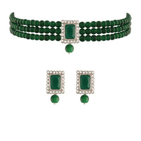 Etnico 18K Rhodium Plated Stone Studded Pearl Choker Necklace Jewellery Set With Earrings For Women (ML237ZG)