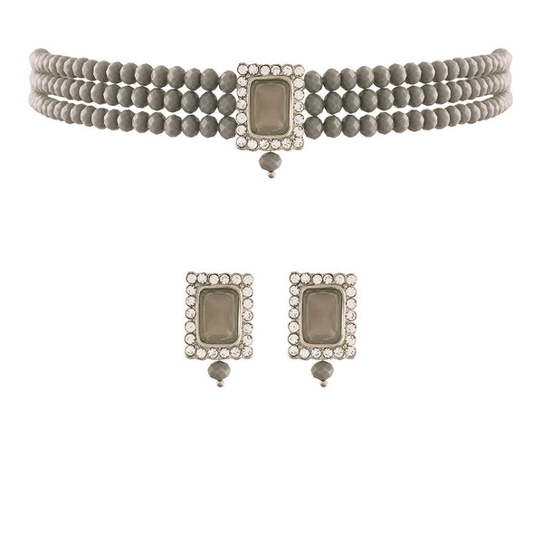 Etnico 18K Rhodium Plated Crystal Stone Beaded Choker Necklace Jewellery Set With Earrings (ML237ZGr)