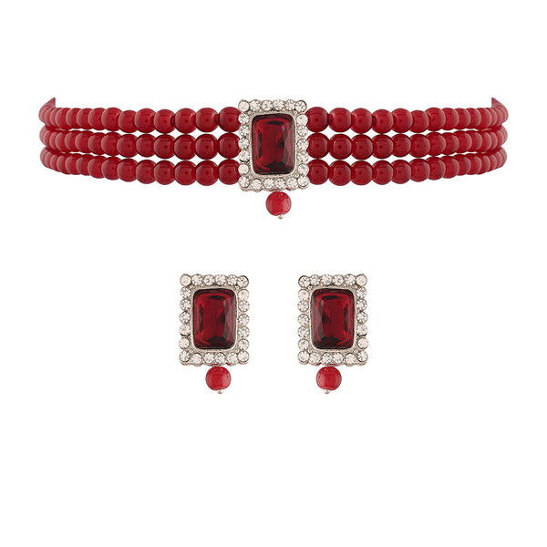 Etnico 18K Rhodium Plated Stone Studded Pearl Choker Necklace Jewellery Set With Earrings For Women (ML237Z) (Silver + Maroon)