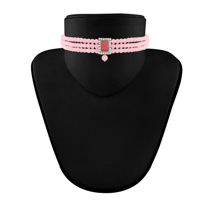 Etnico 18K Rhodium Plated Pink Stone Studded Pearl Choker Necklace Jewellery Set With Earrings For Women (ML237ZPi)