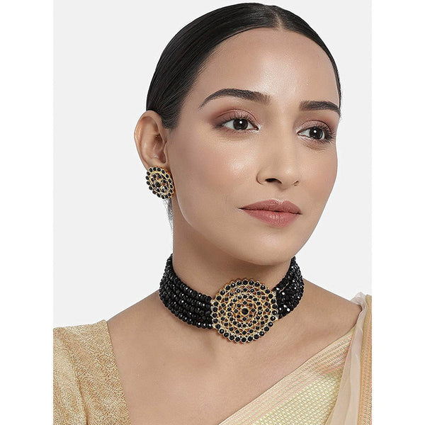 Etnico 18K Gold Plated Traditional Light Weight Crystal Stone Beaded Choker Necklace Jewellery Set Glided With Moti Work (ML239B)