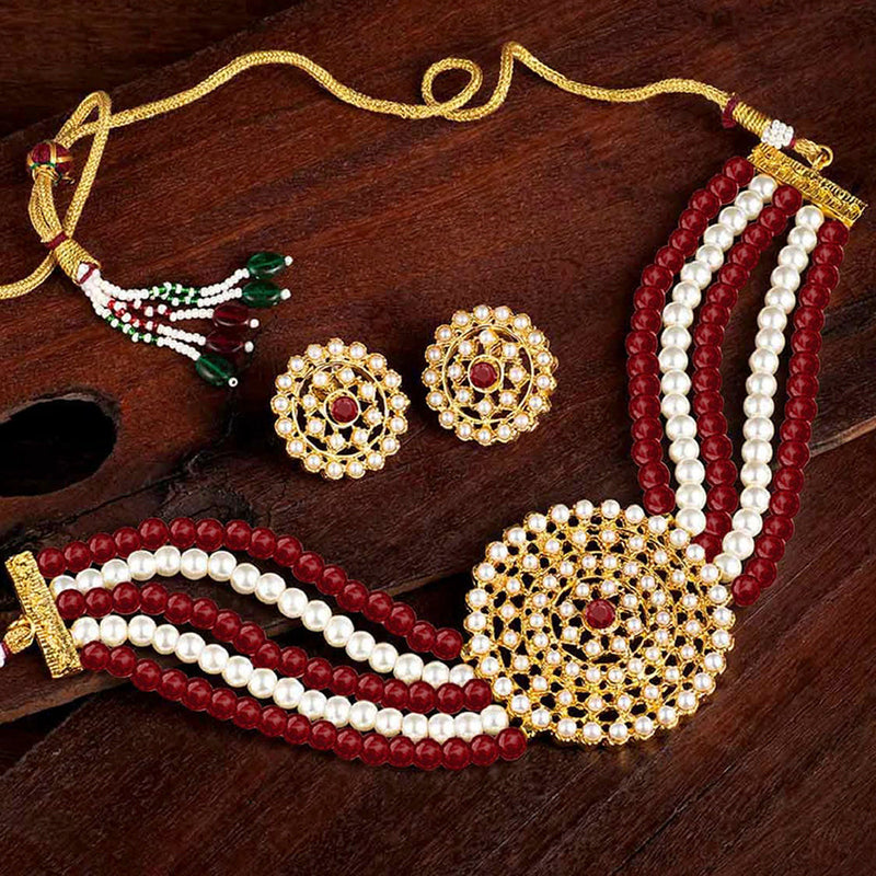 Etnico 18K Gold Plated Traditional Light Weight Pearl Beaded Choker Necklace Jewellery Set Glided With Moti Work (ML239MW1)