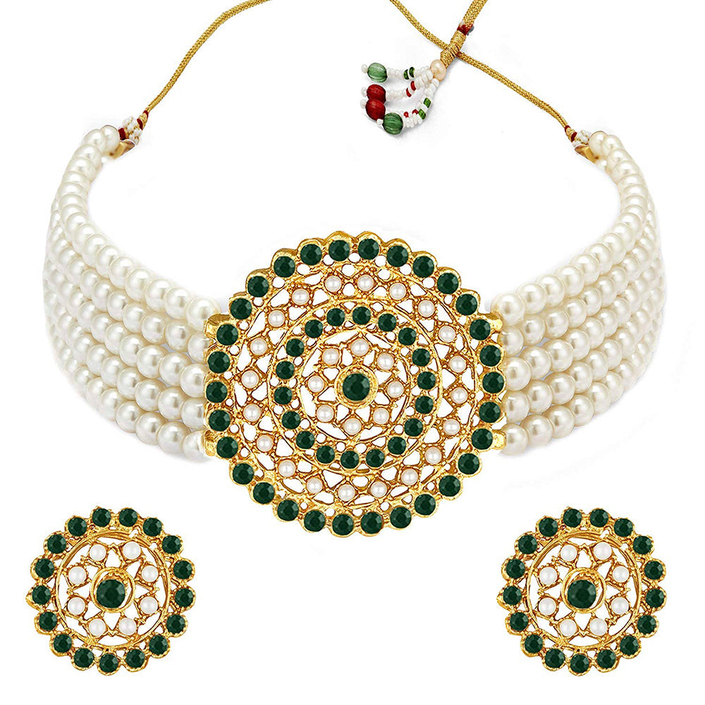 Etnico 18K Gold Plated Traditional Light Weight Pearl Beaded Choker Necklace Jewellery Set Glided With Moti Work (ML239WG)