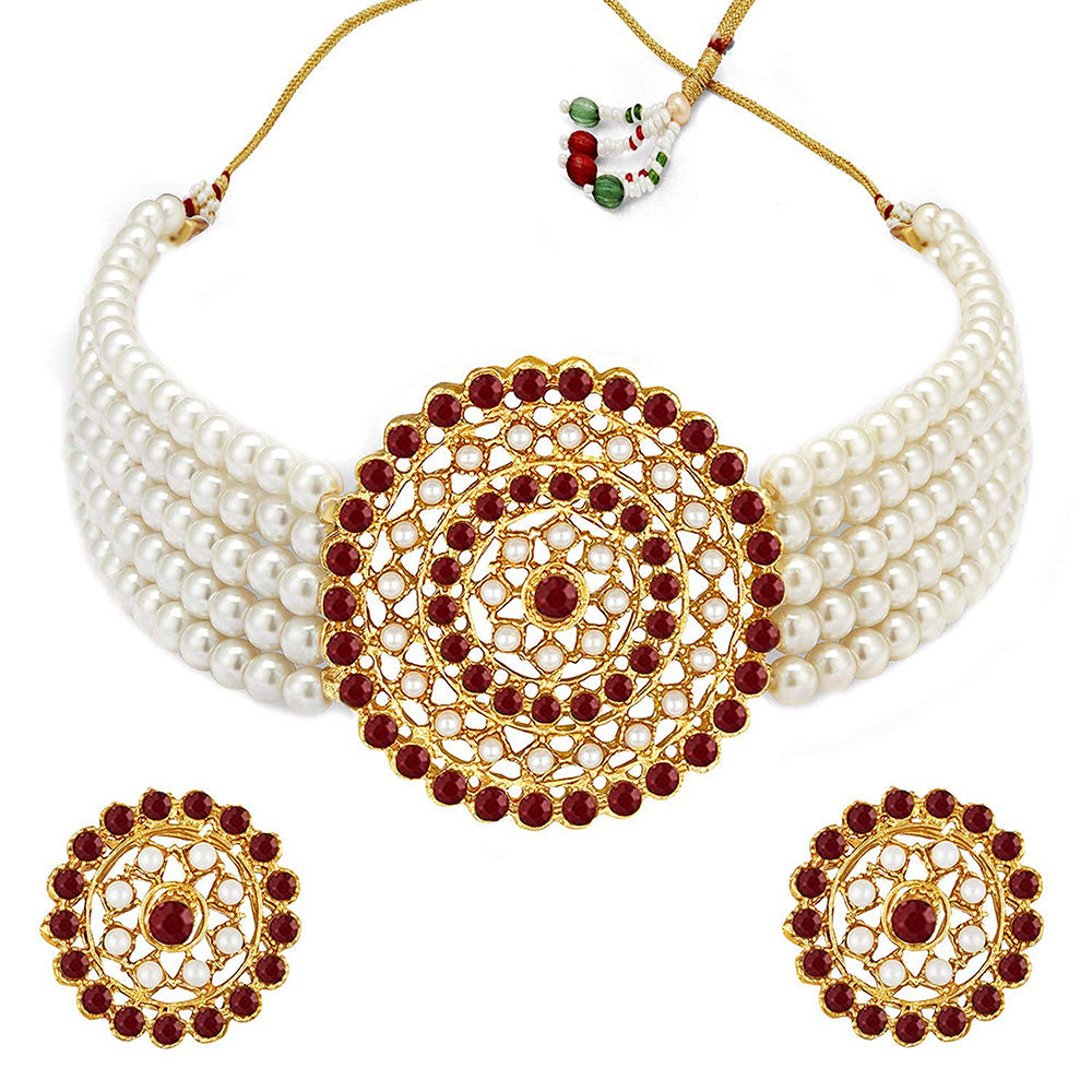 Etnico 18K Gold Plated Traditional Light Weight Pearl Beaded Choker Necklace Jewellery Set Glided With Moti Work (ML239WM)