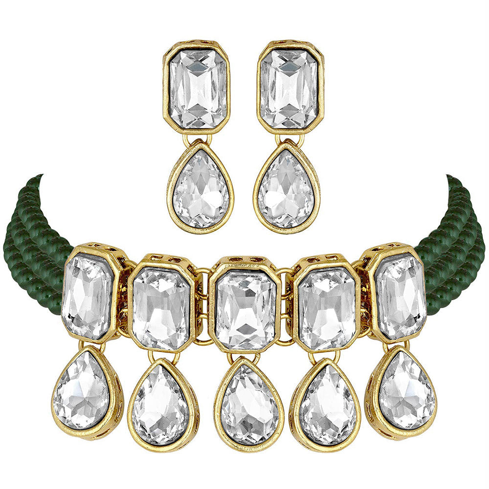 Etnico 18K Gold Plated Traditional Handcrafted Crystal Stone Studded Pearl Choker Necklace Jewellery Set with Earrings For Women/Girls (ML249G)