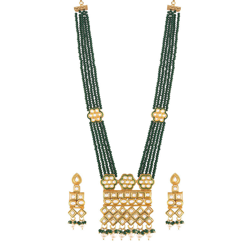 Etnico 18K Gold Plated Intricately Designed Traditional Uncut Polki Kundan Brass Necklace Jewellery Set With Earrings Emerald Crystal Onyx Long Mala for Women (ML252G)