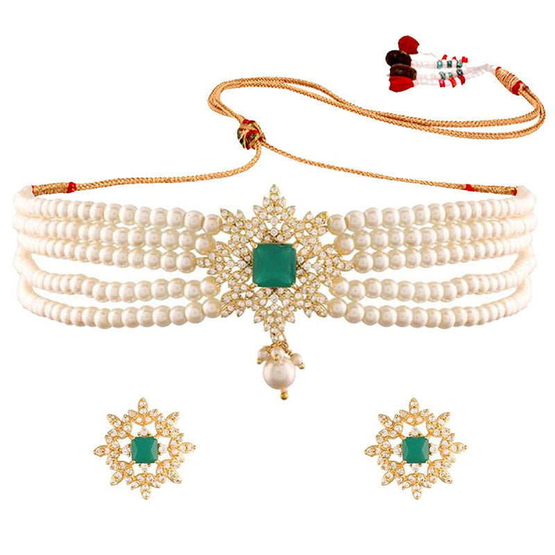 Etnico 18K Gold Plated Traditional CZ Crystal with Pearl Choker Necklace Jewellery Set for Women/Girls (ML261G)