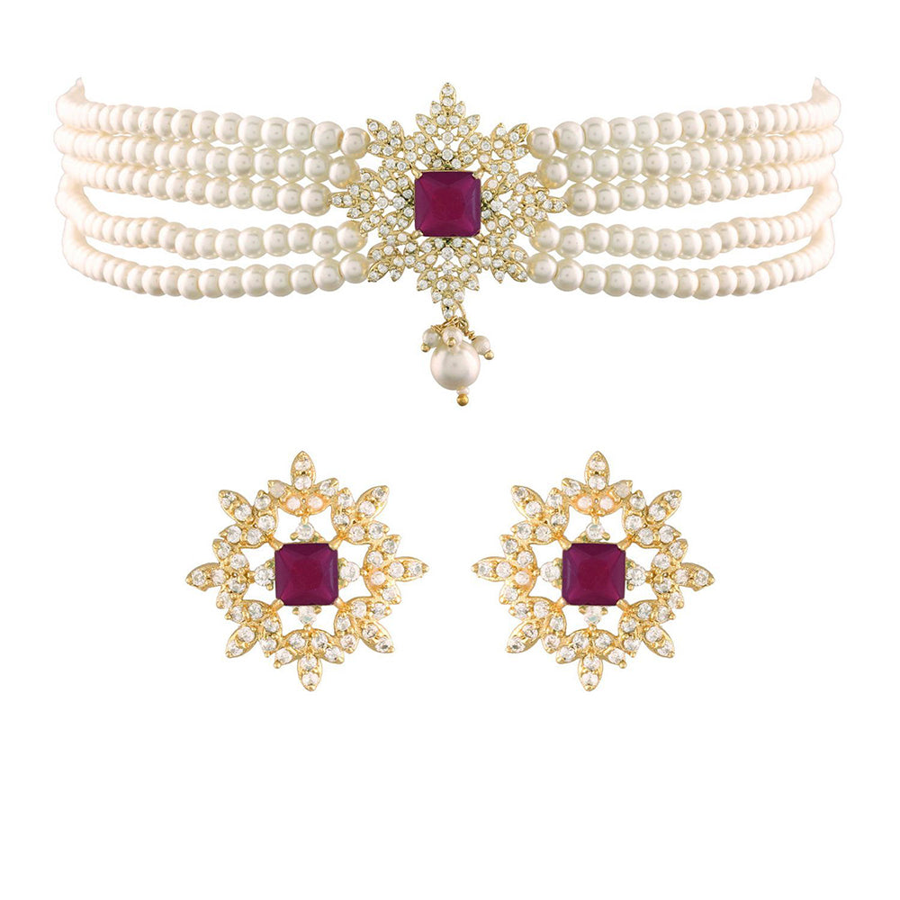 Etnico 18K Gold Plated Traditional CZ Crystal with Pearl Choker Necklace Jewellery Set for Women/Girls (ML261Q)