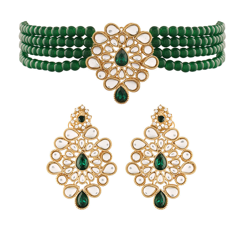 Etnico 18K Gold Plated Traditional Kundan with Beads Choker Necklace Jewellery Set for Women/Girls (ML263G)