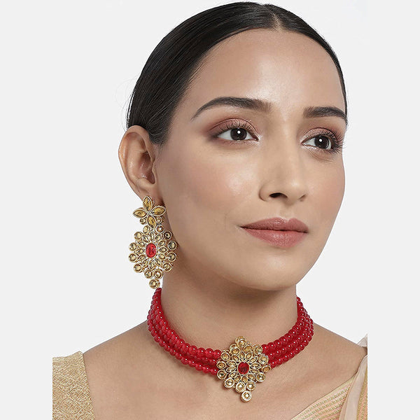 Etnico 18K Gold Plated Traditional Kundan with Beads Choker Necklace Jewellery Set for Women/Girls (ML264MFL)
