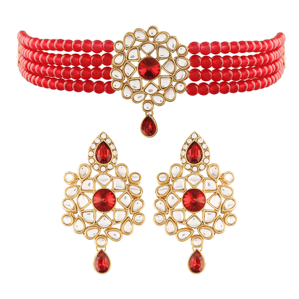 Etnico 18K Gold Plated Traditional Kundan with Beads Choker Necklace Jewellery Set for Women/Girls (ML265M)