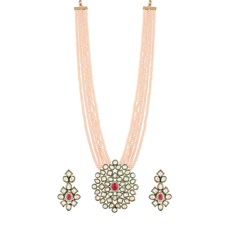Etnico 5 Layered Emerald Onyx Crystal Beads Necklace Jewellery Set Glided With Uncut Polki Kundan for Women/Girls (ML269Cr)