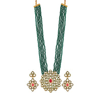 Etnico 5 Layered Emerald Onyx Crystal Beads Alloy Necklace Jewellery Set Glided With Uncut Polki Kundan for Women & Girls (ML269G)(Green)