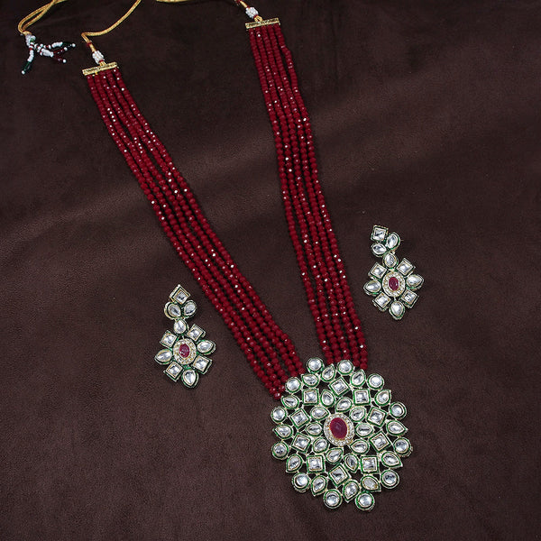 Etnico 5 Layered Emerald Onyx Crystal Beads Necklace Jewellery Set Glided With Uncut Polki Kundan for Women/Girls (ML269M)