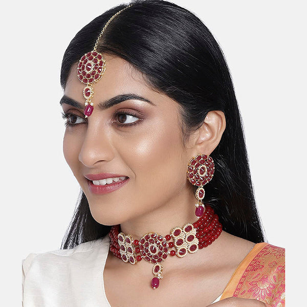 Etnico 18k Gold Plated Traditional Pearl Choker Necklace Jewellery Set with Earrings & Maang Tikka Set for Women (ML280M)