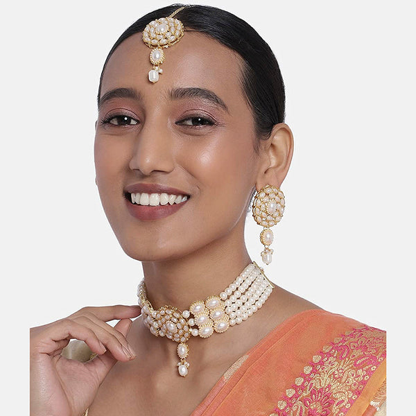 Etnico 18k Gold Plated Traditional Pearl Choker Necklace Jewellery Set with Earrings & Maang Tikka Set for Women (ML280W)
