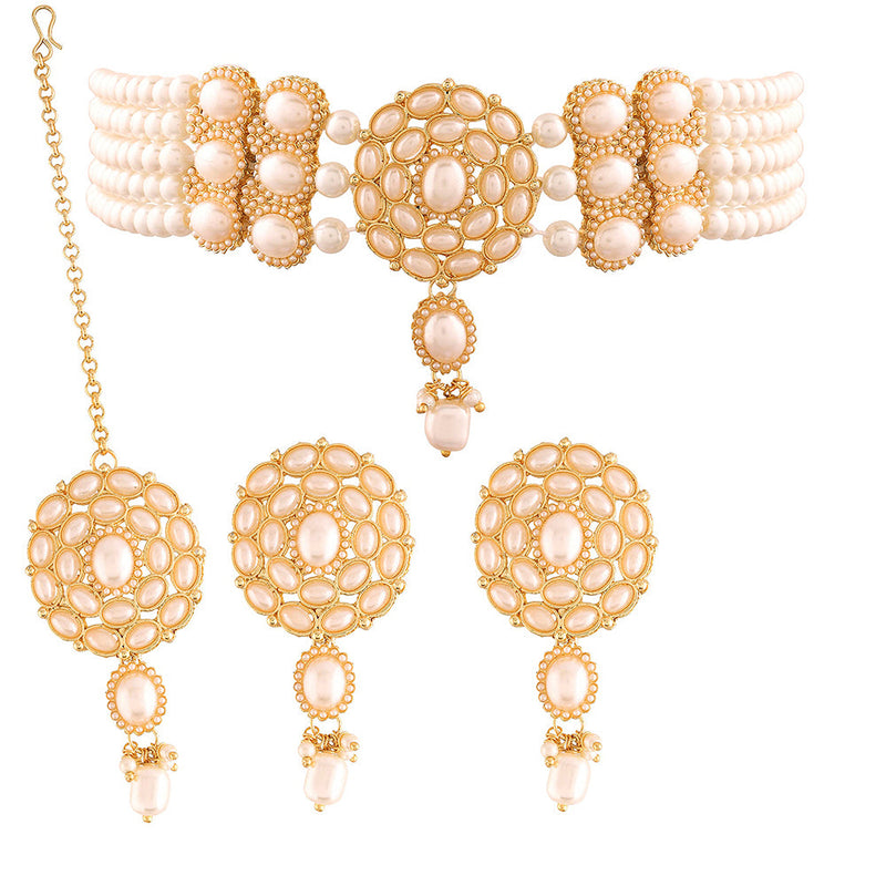 Etnico 18k Gold Plated Traditional Pearl Choker Necklace Jewellery Set with Earrings & Maang Tikka Set for Women (ML280W)