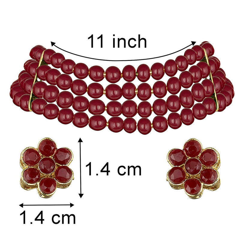 Etnico 18k Gold Plated Traditional Maroon Pearl Beaded Stylish Moti Choker Necklace Jewellery Set with Stud Earrings for women (ML286M)
