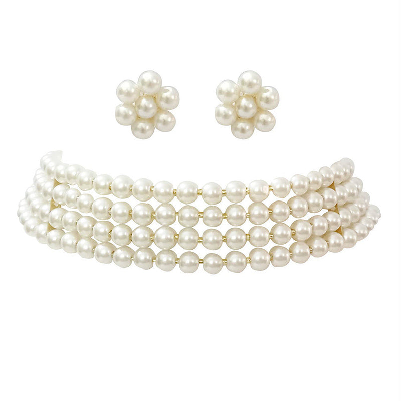 Etnico 18k Gold Plated Traditional White Pearl Beaded Stylish Moti Choker Necklace Jewellery Set with Stud Earrings for women (ML286W)
