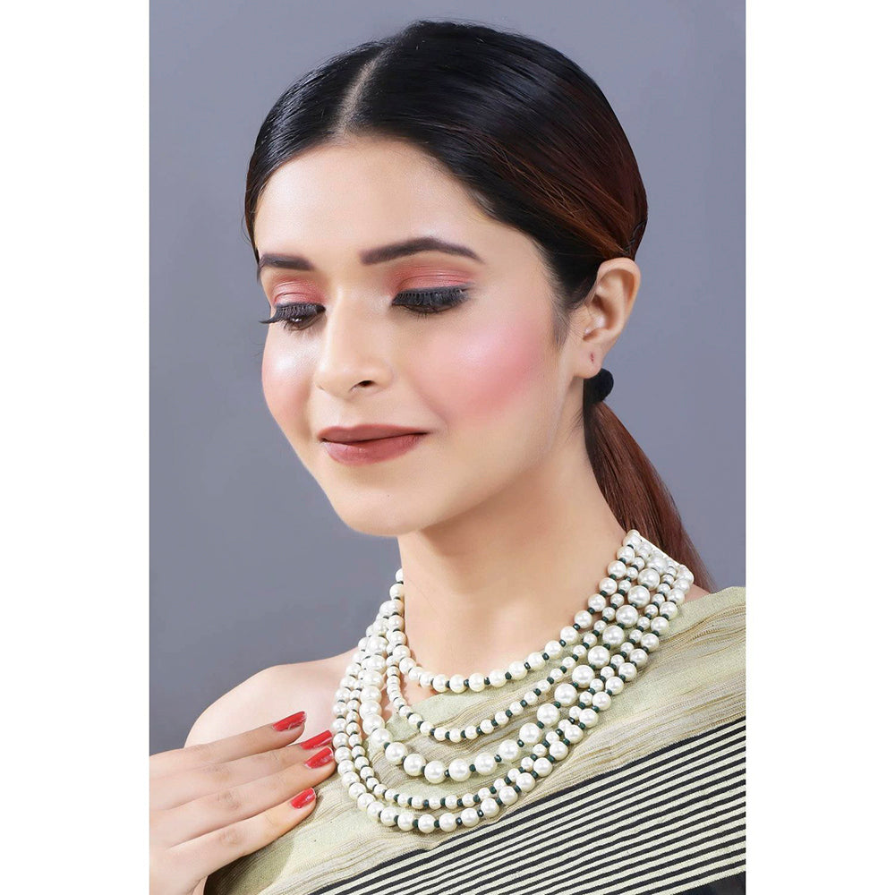 Etnico 18k Gold Plated 5 Layered Pearl Beads Rani Necklace Jewellery Set for Women (ML290G)