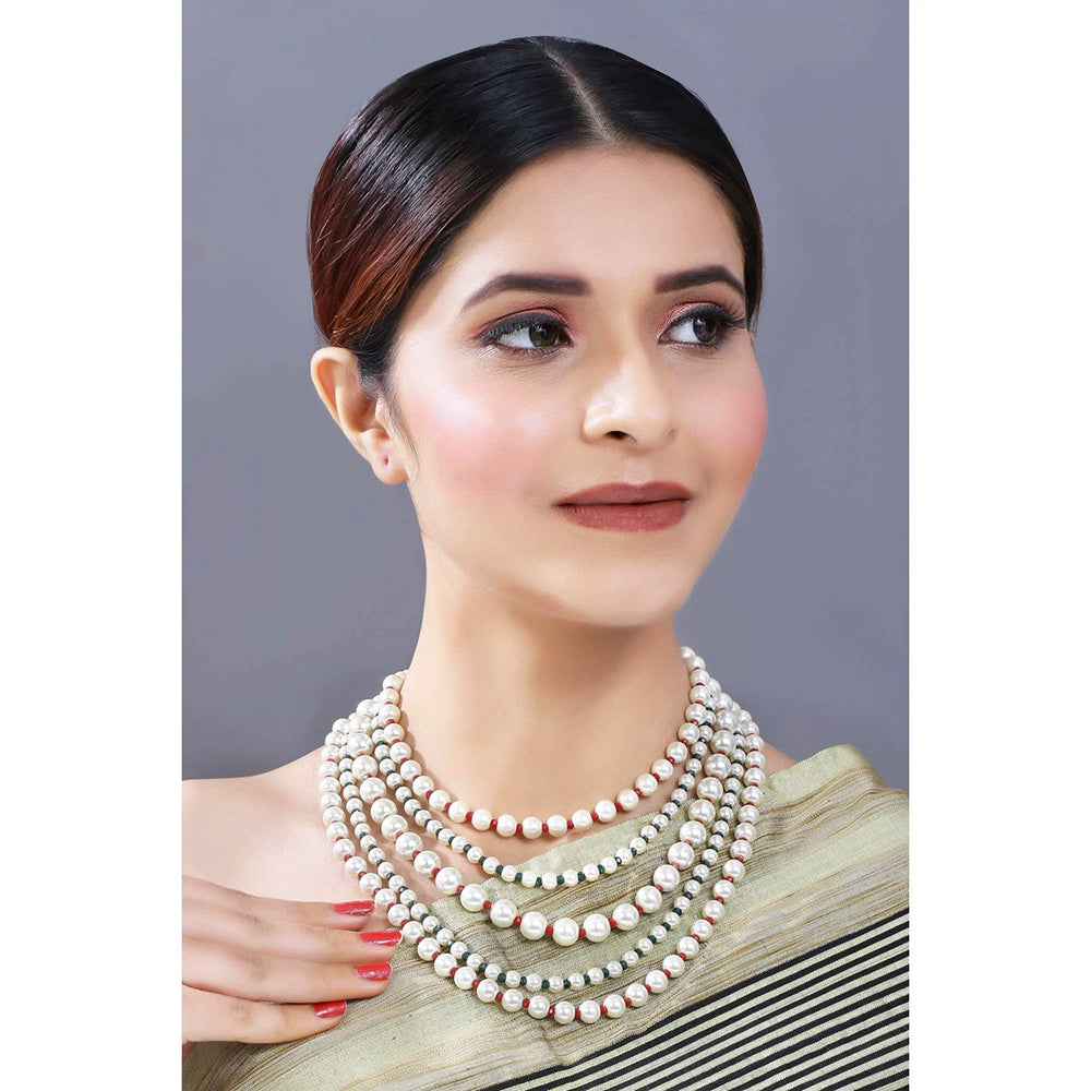 Etnico 18k Gold Plated 5 Layered Pearl Beads Rani Necklace Jewellery Set for Women (ML290MG)