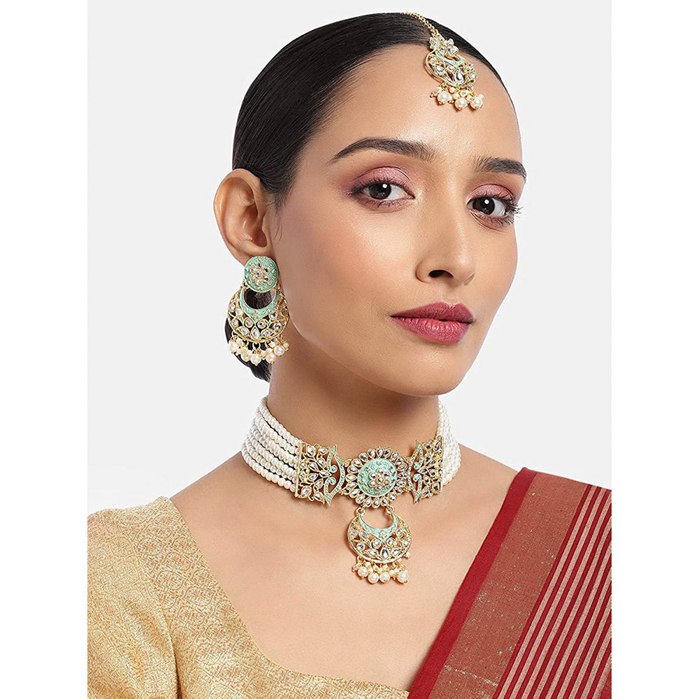 Etnico 18K Gold Plated Traditional Kundan Studded Pearl Choker Necklace Jewellery Set For Women (ML291Min)