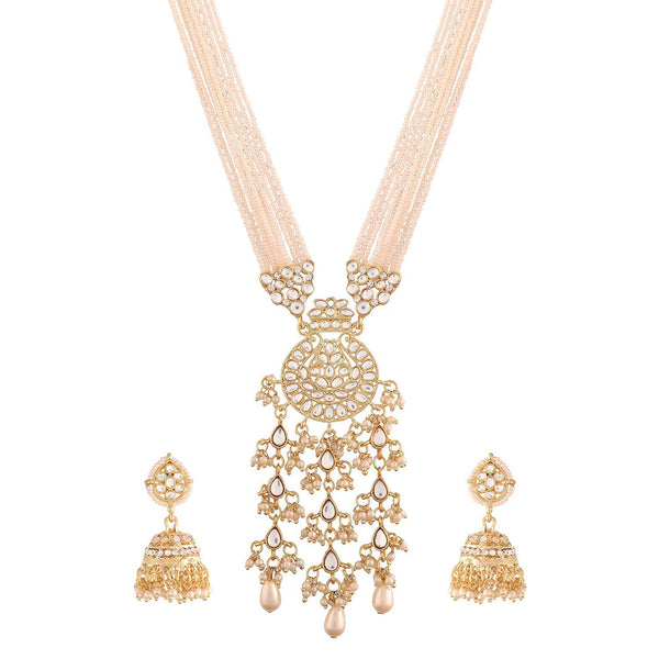 Etnico18k Gold Plated Ethnic Kundan Pearl Studded Long Necklace Set For Women (ML296W)