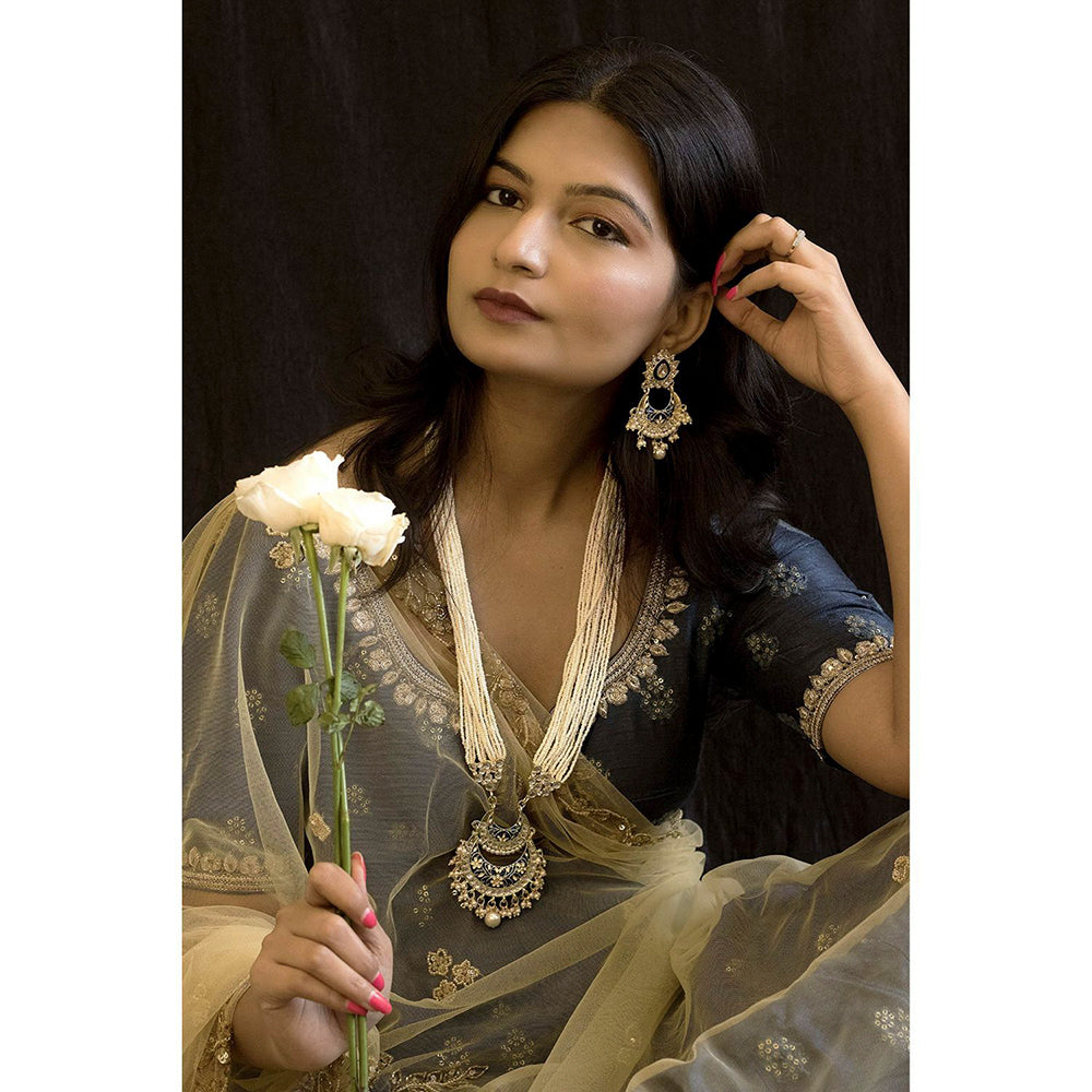 Etnico18k Gold Plated Ethnic Kundan Pearl Studded Meenakari Long Necklace Set For Women (ML297BL)