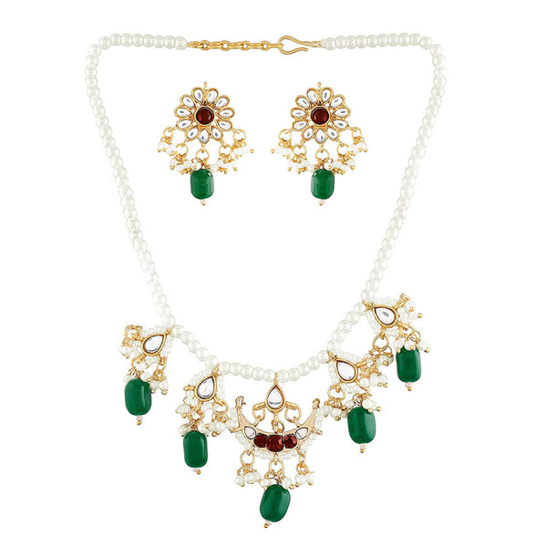 Etnico18k Gold Plated Green Beaded Pearl Moti Mala Necklace Jewellery Set for Women (ML301M)