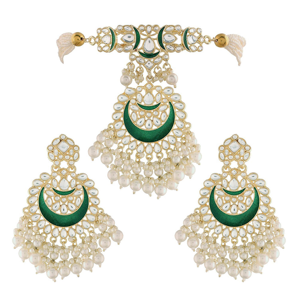 Etnico18k Gold Plated Green Meenakari Pearl & Kundan Studded Choker Necklace Jewellery Set For Women/Girls (ML306G)