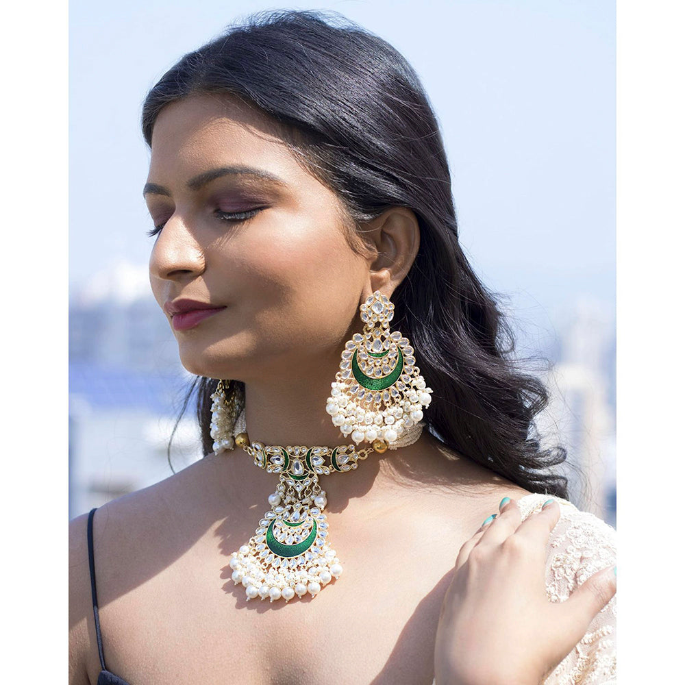 Etnico18k Gold Plated Green Meenakari Pearl & Kundan Studded Choker Necklace Jewellery Set For Women/Girls (ML306G)