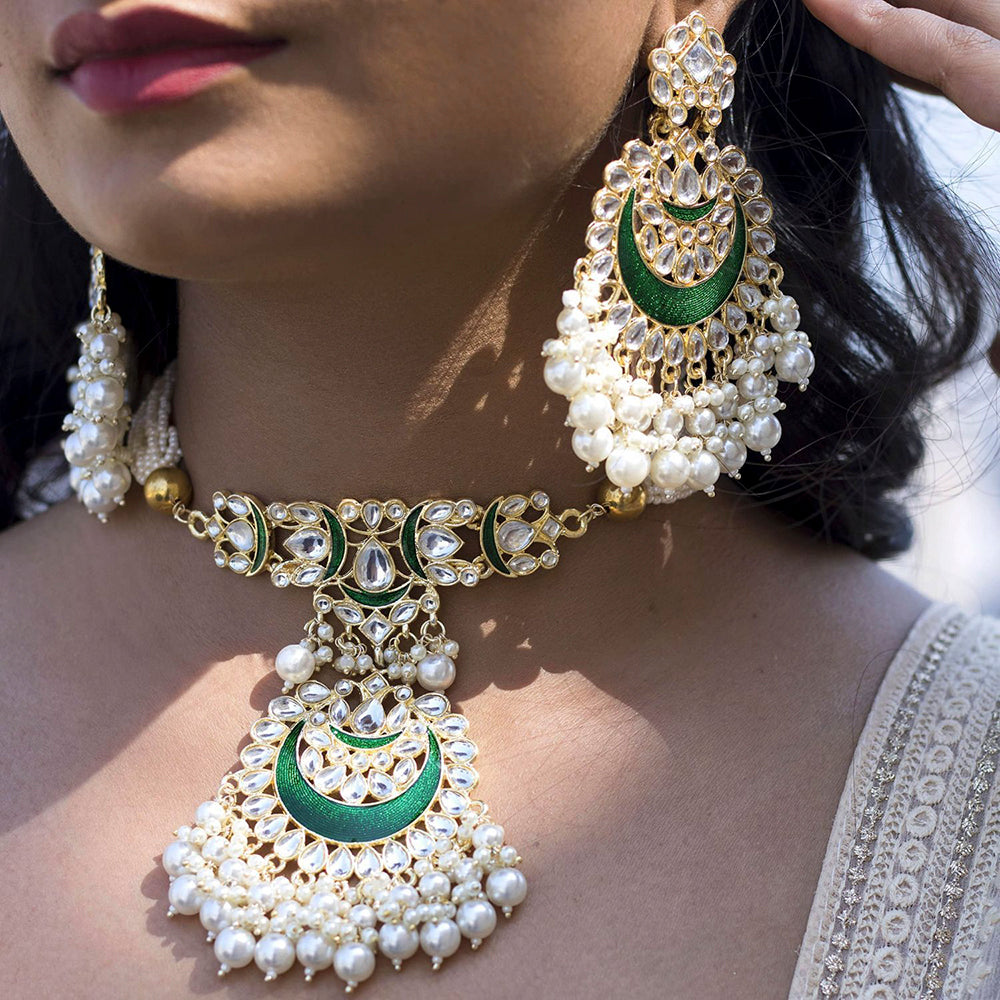 Etnico18k Gold Plated Green Meenakari Pearl & Kundan Studded Choker Necklace Jewellery Set For Women/Girls (ML306G)