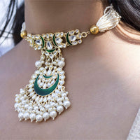Etnico18k Gold Plated Green Meenakari Pearl & Kundan Studded Choker Necklace Jewellery Set For Women/Girls (ML306G)