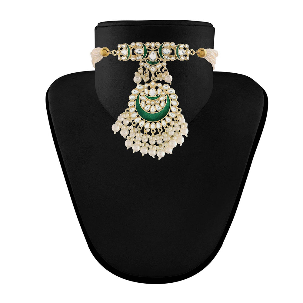 Etnico18k Gold Plated Green Meenakari Pearl & Kundan Studded Choker Necklace Jewellery Set For Women/Girls (ML306G)