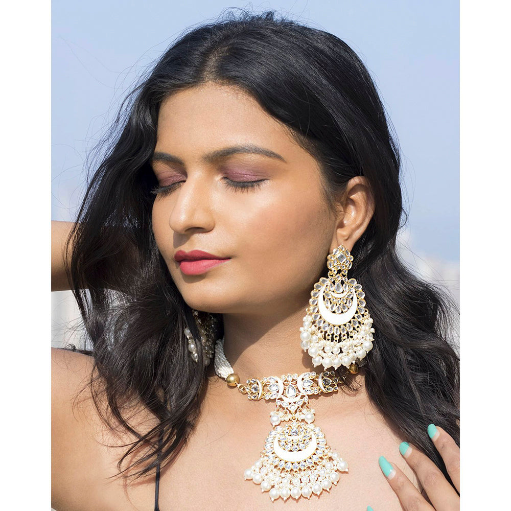 Etnico18k Gold Plated White Meenakari Pearl & Kundan Studded Choker Necklace Jewellery Set For Women/Girls (ML306W)