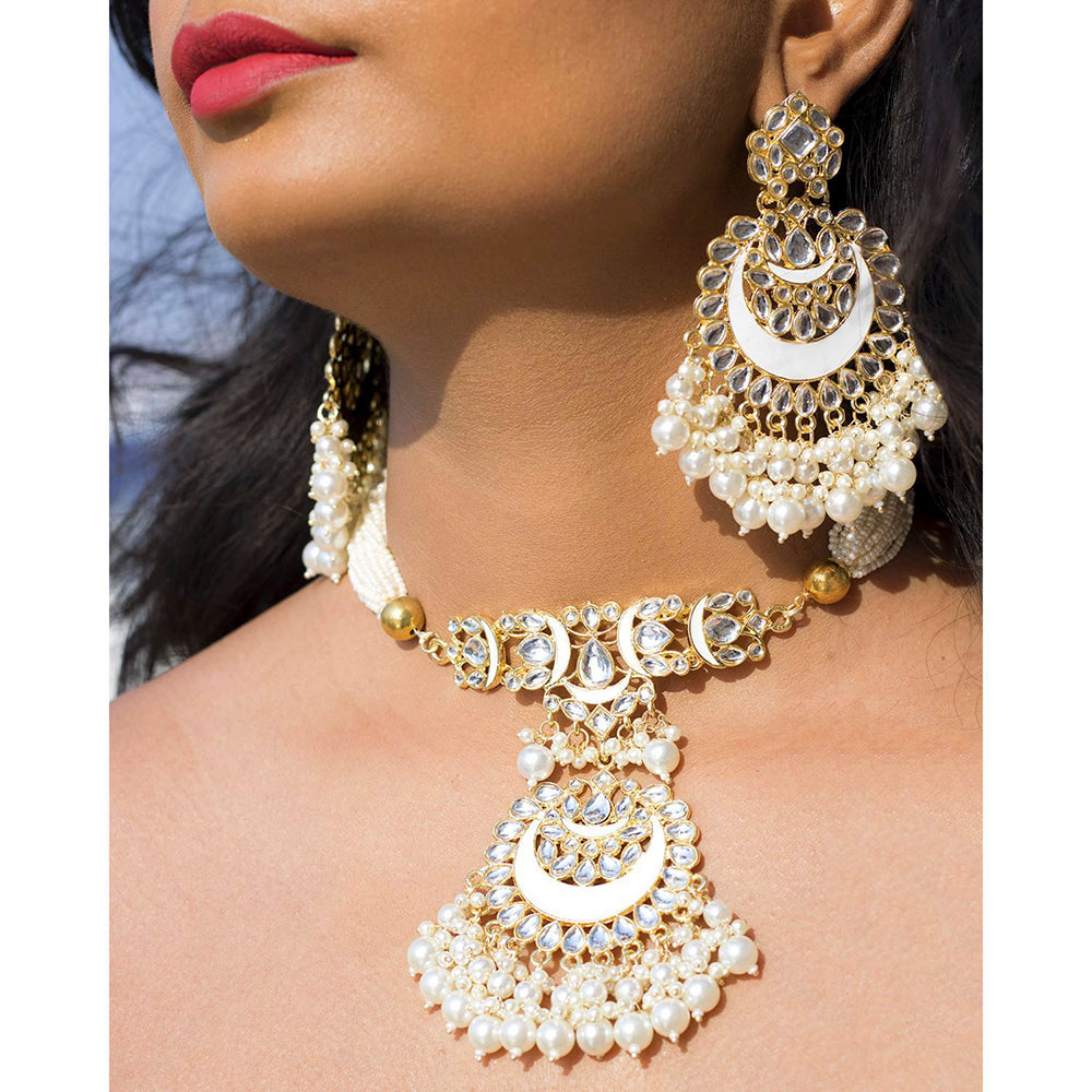 Etnico18k Gold Plated White Meenakari Pearl & Kundan Studded Choker Necklace Jewellery Set For Women/Girls (ML306W)