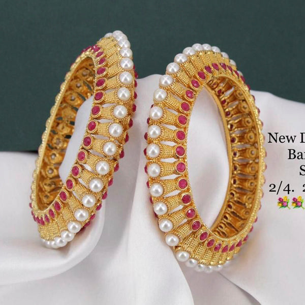 Manisha Jewellery Gold Plated Pink Pota Stone & Pearl Bangles Kada