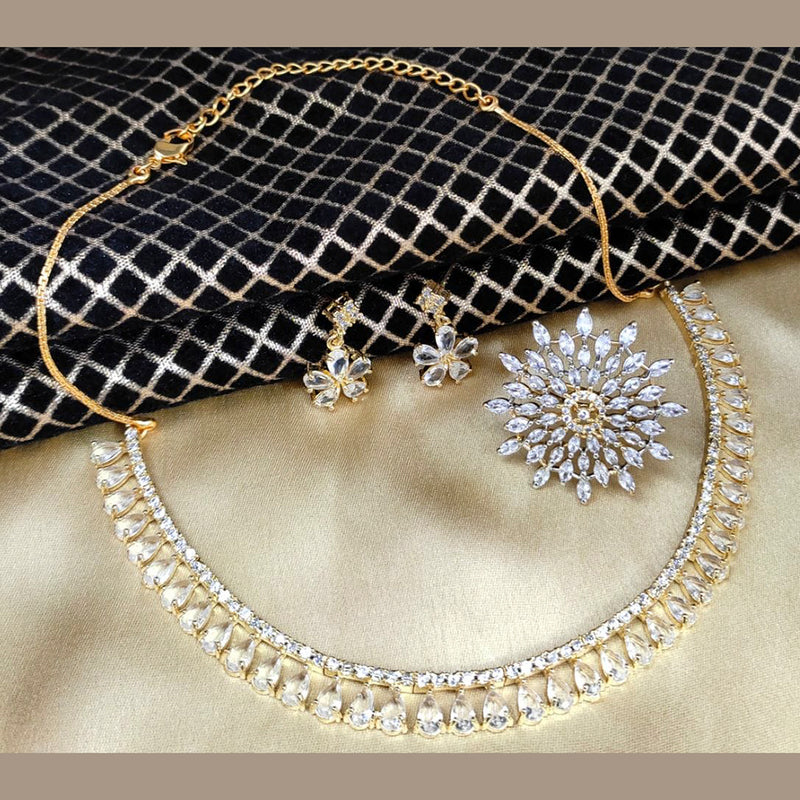 Manisha Jewellery Gold Plated American Diamond Necklace Set With Ring