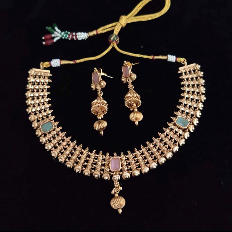 Manisha Jewellery Gold Plated Pink & Green Pota Stone Choker Necklace Set